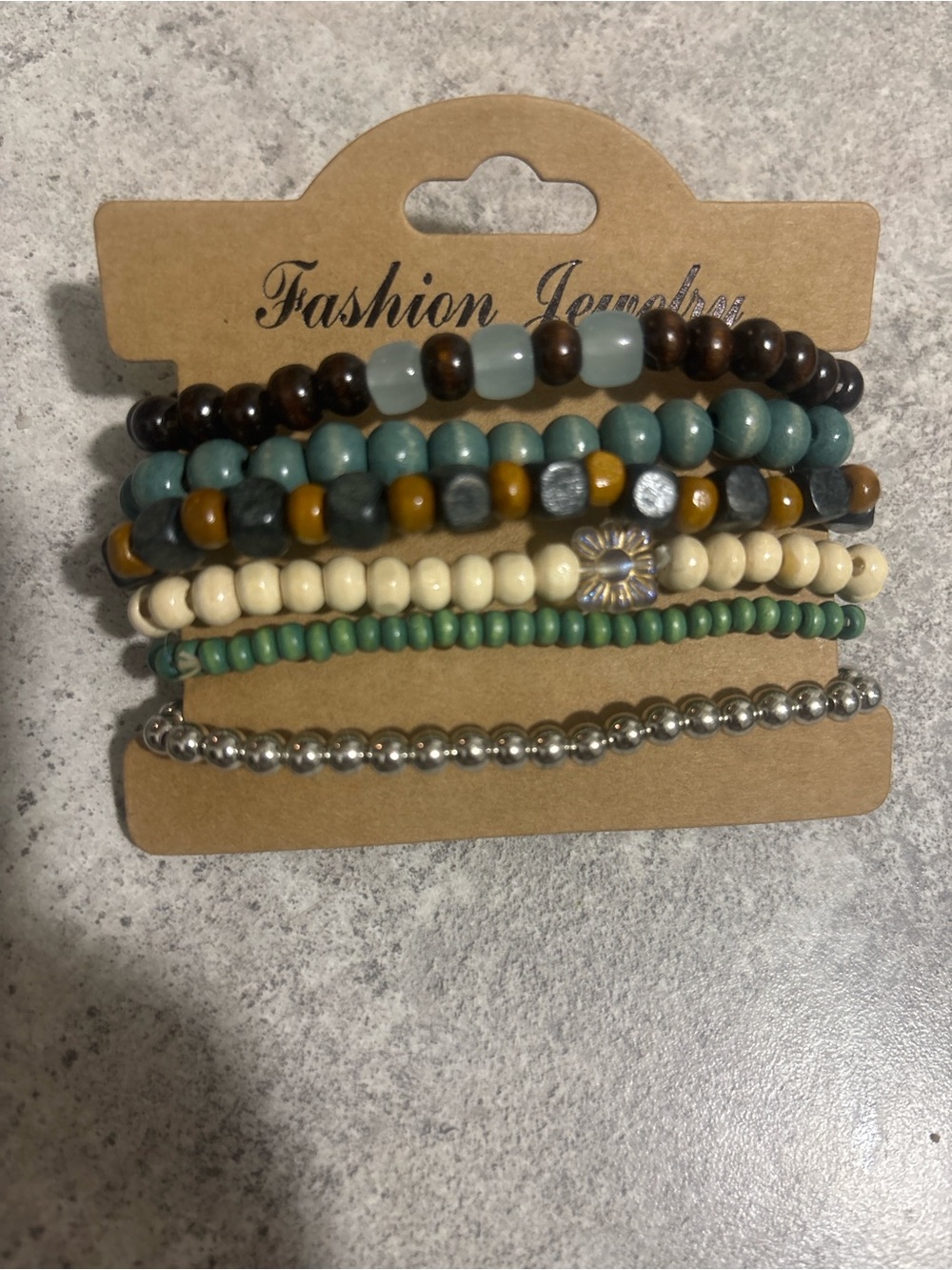 Fashion Jewelry Beaded Bracelet Stack - Green, Cream, Brown, Silver